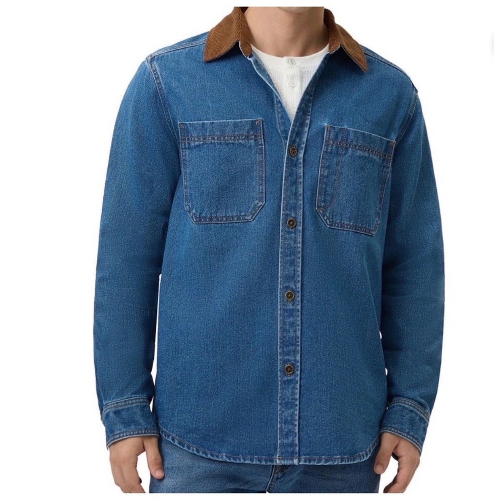 Frye Men Medium Wash Denim Barn Shacket Corduroy Collar Blue Shirt Jacket M